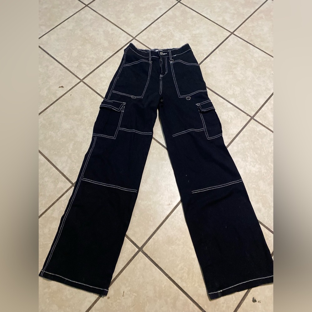 Dark Cargo Pants with Contrast Stitching